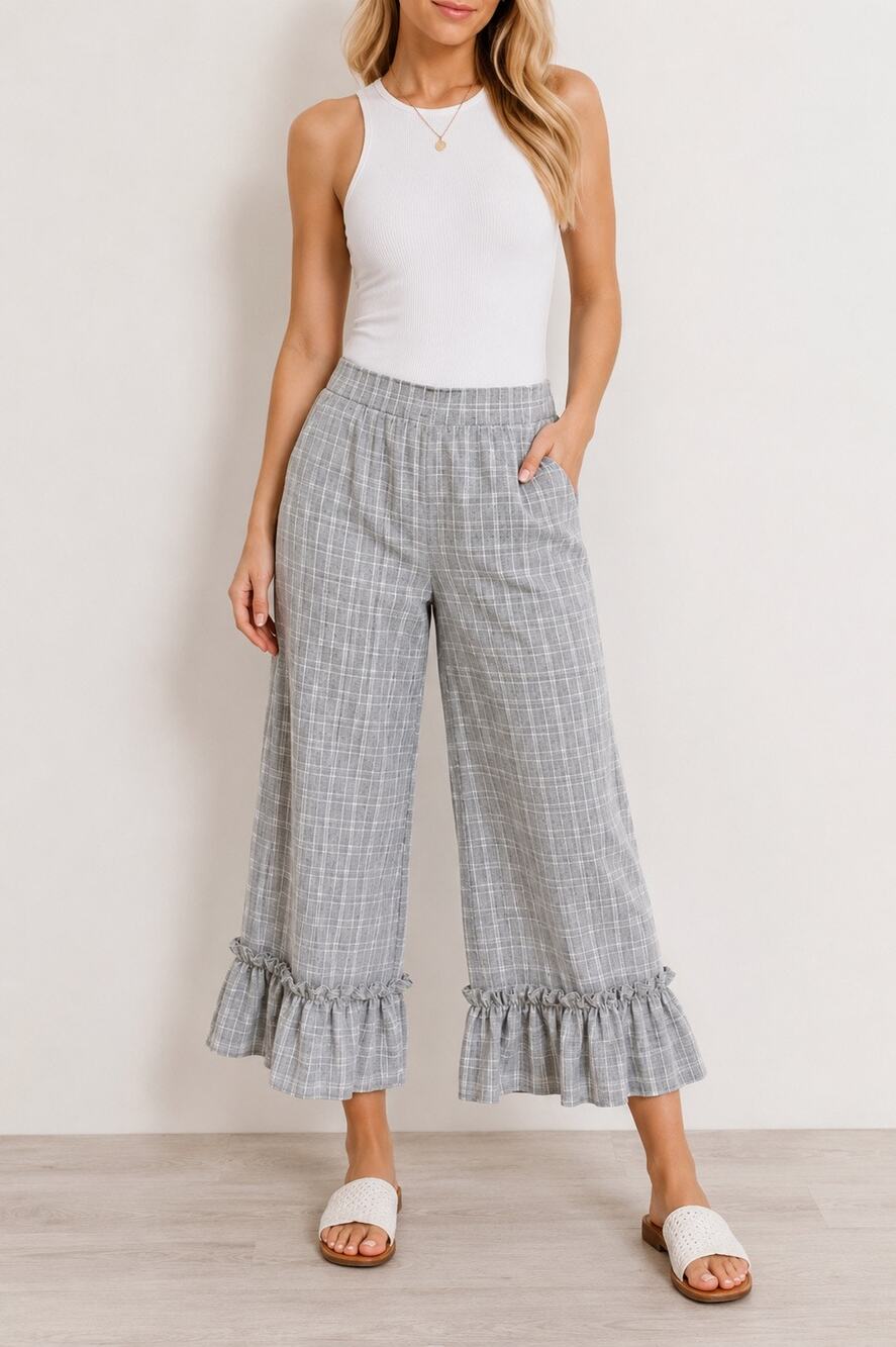 L’Atiste Gray & White Plaid Ruffle Hem Pants | Size Small | NWT